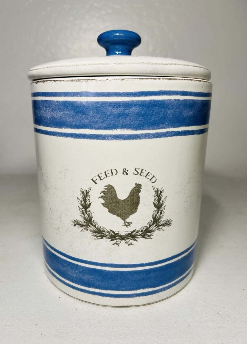 Feed & Seed Rooster Ceramic Canister Blue White Farmhouse Kitchen Jar With Lid